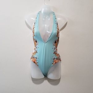 Out From Under Blue Floral Plunge Halter T-Strap One Piece Swimsuit Size Small